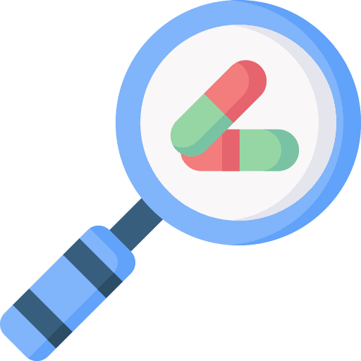 Research pill medical magnifier icon Research pill medical magnifier icon