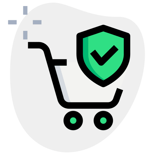Insurance procurement shield shopping cart icon