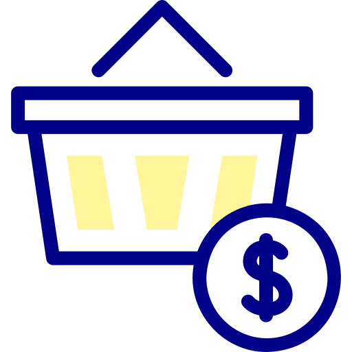 Shopping basket bar chart dollar magnifying glass icon