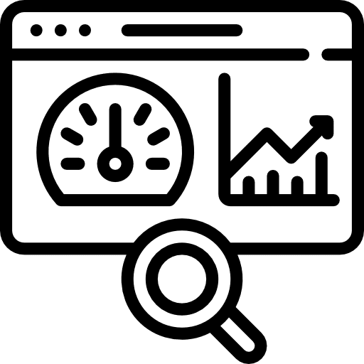 Analytics stats bar chart magnifying glass icon