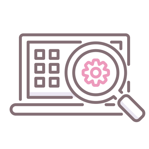 Management magnifying glass laptop system icon