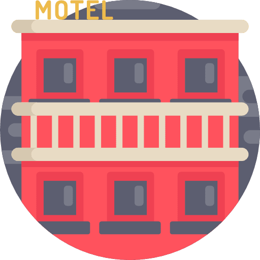 Motel architecture and city motel lodging icon