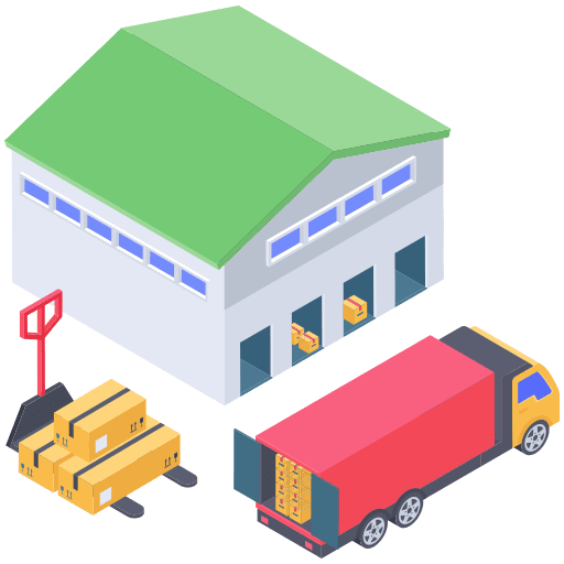Warehouse shipping and delivery transport trucks icon