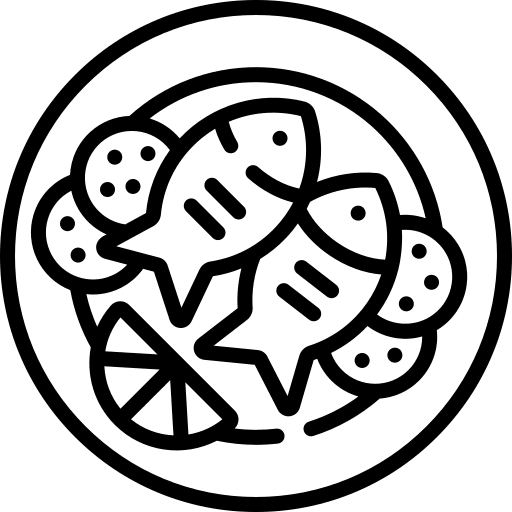 Fish food and restaurant healthy food plate icon