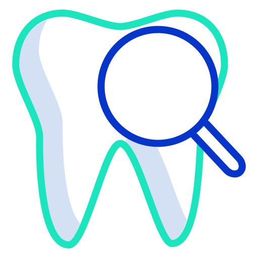 Tooth dental care magnifying glass loupe icon