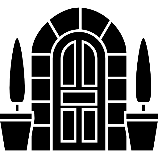 Door of arch shape with two small trees on pots at both sides house things door plant icon