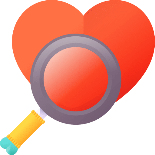 Searching love and romance magnifying glass loupe icon