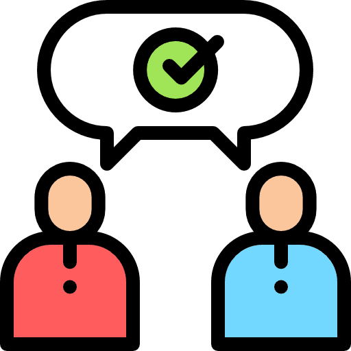 Conversation check mark chat bubble speaker icon