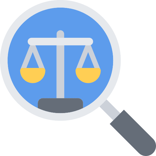 Court magnifying glass scales law icon
