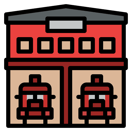 Fire station architecture and city firefighters firemen icon