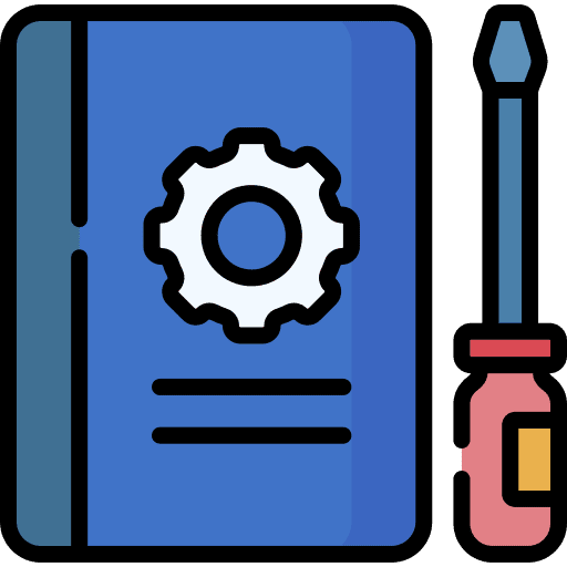 Manual book cogwheel gear reading icon