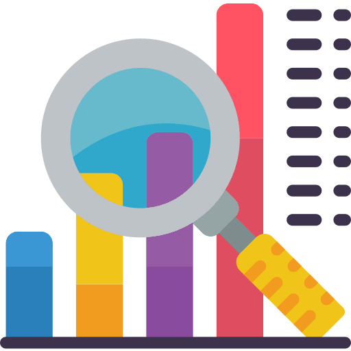 Bar chart interface magnifying glass loupe icon