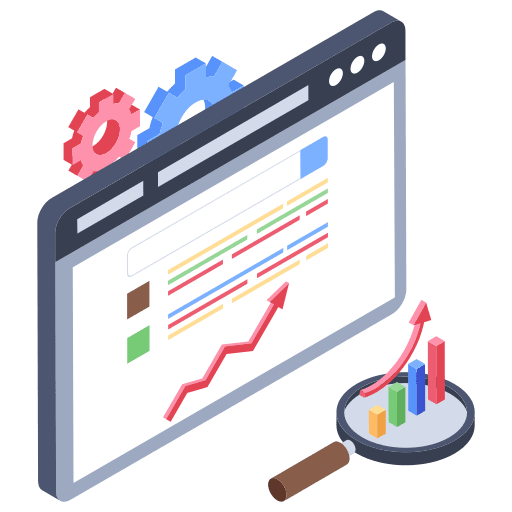 Data analytics data analysis bar chart magnifying glass icon