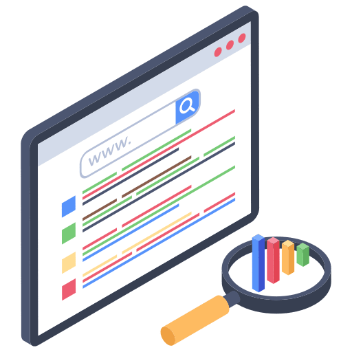 Data analytics information bar chart loupe icon