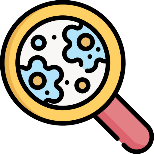 Petri dish laboratory magnifying glass bacteria icon