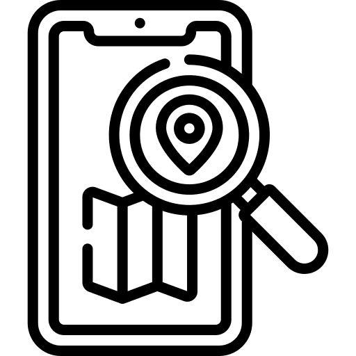 Location gps cellphone magnifying glass icon