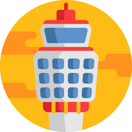 Control tower architecture and city airport flight icon