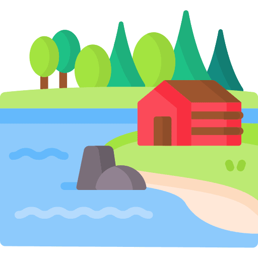 Lake landscape lake wooden house icon