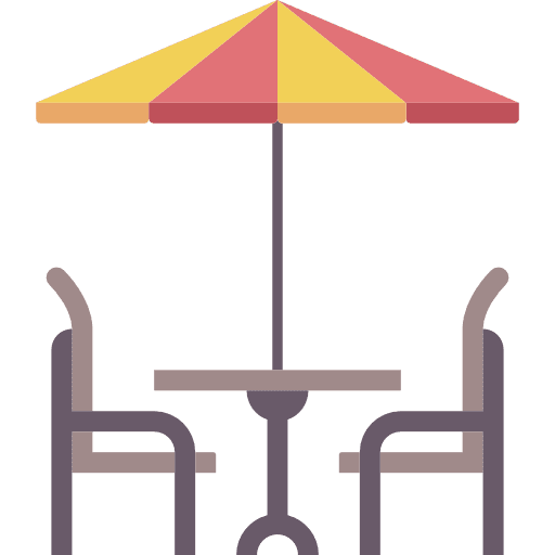 Terrace restaurant chairs sun umbrella icon