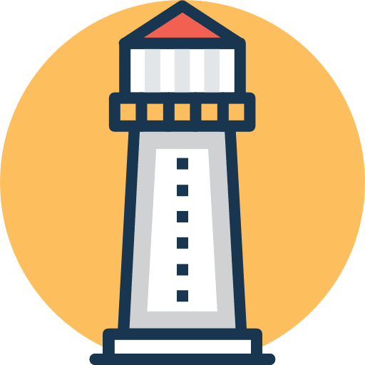 Lighthouse architecture and city buildings guide icon