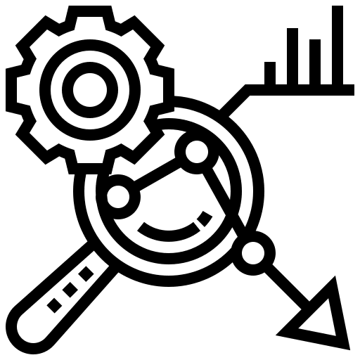 Failure magnifying glass analysis gear icon