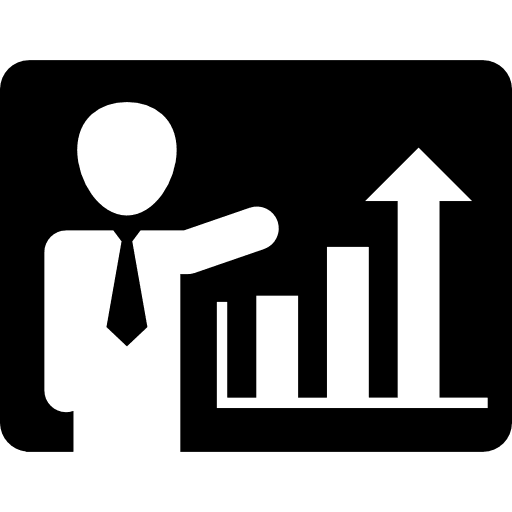 Businessman presenting ascending bars graphic of improving business startup icons bars graphic screen icon