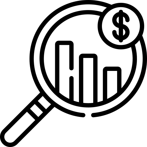 Loss down arrow loupe business and finance icon