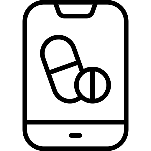 Online store architecture and city medicine dispensary icon