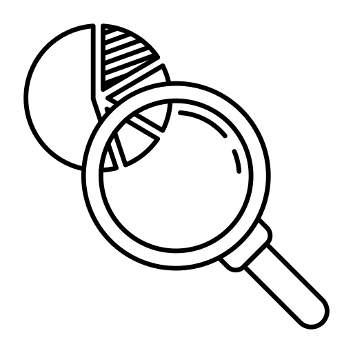 Pie graph business and finance analysis magnifying glass icon