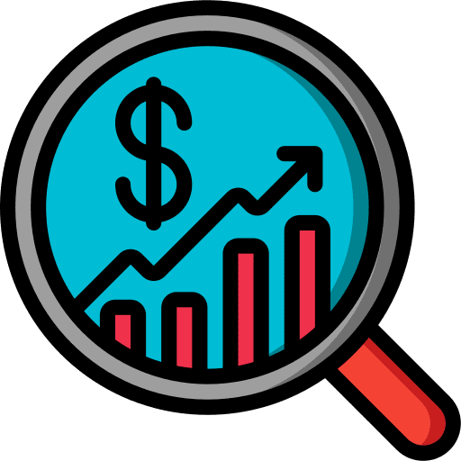 Economics magnifying glass money bar chart icon
