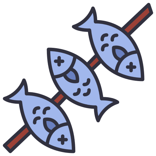 Fish meal grill skewer icon Fish meal grill skewer icon