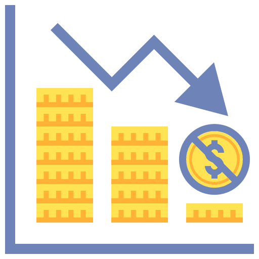 Bankrupt business and finance down arrow banknote icon