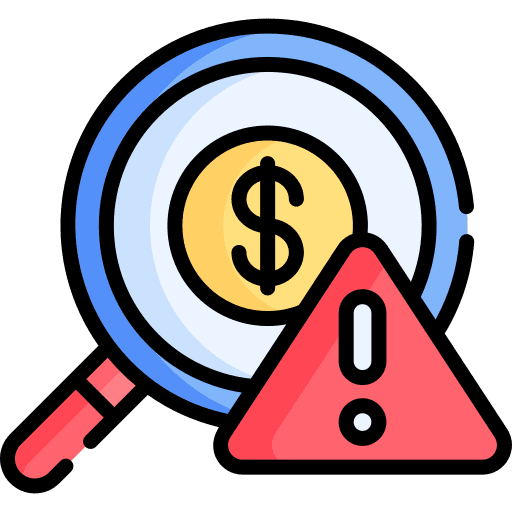Identify magnifying glass exclamation mark dollar icon