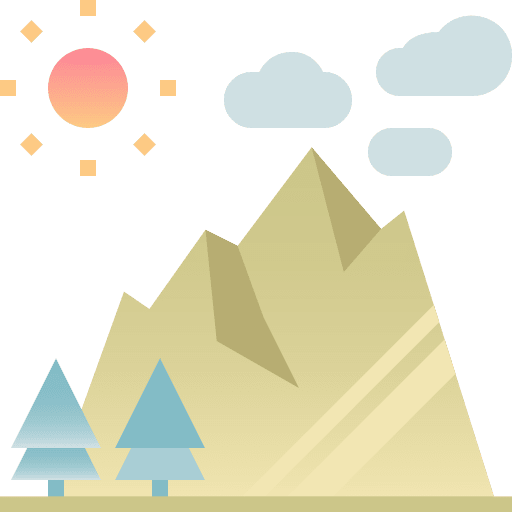 Mountain nature clouds and sun tree icon