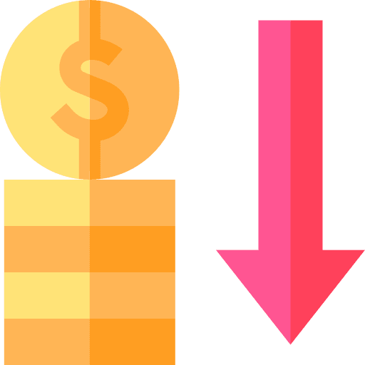 Coins down arrow bankruptcy currency icon Coins down arrow bankruptcy currency icon