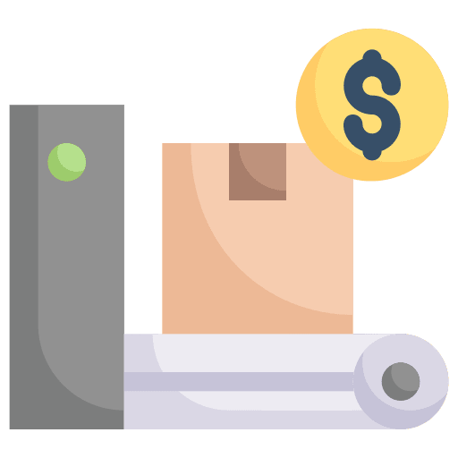 Production shipping and delivery machine production icon Production shipping and delivery machine production icon