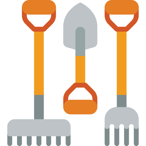Gardening tools rake farming and gardening shovel icon