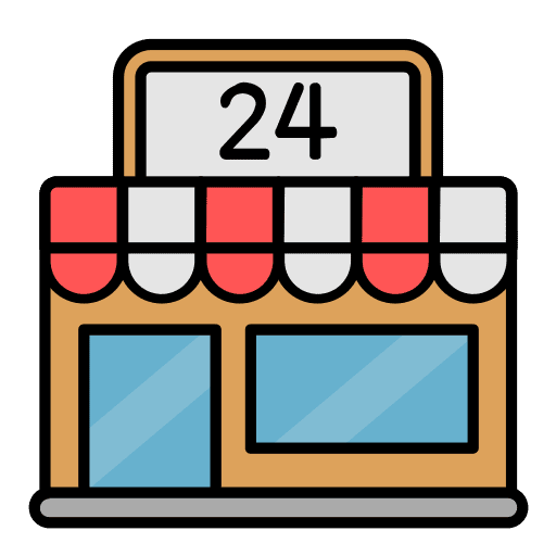 Store food and restaurant open 24 hours building icon Store food and restaurant open 24 hours building icon