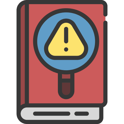 Risk management educational book magnifying glass procedure icon