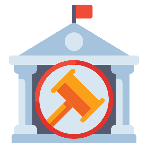 Governmental verdict architecture and city auction icon