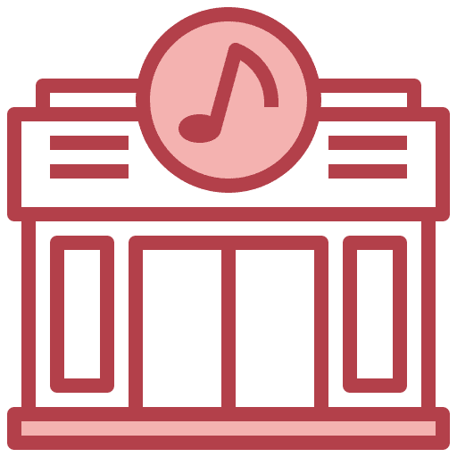 Music shop store architecture and city music shop icon