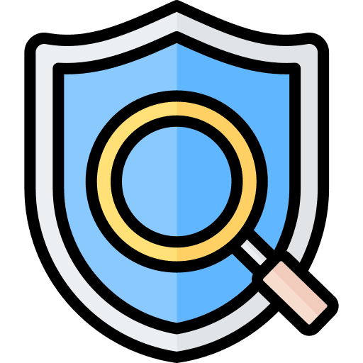 Investigation quality magnifying glass shield icon