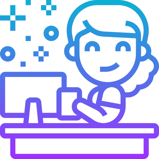Office desk workspace woman buildings icon