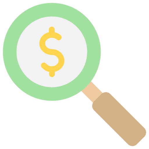 Crowdfunding dollar searching loupe icon Crowdfunding dollar searching loupe icon