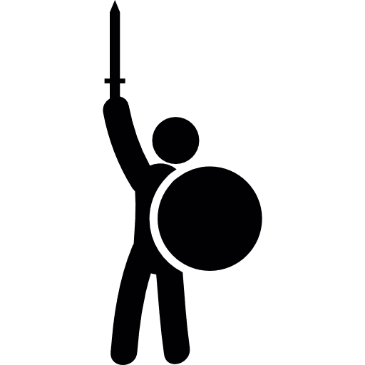 Warrior with sword and shield gestures victory shield icon