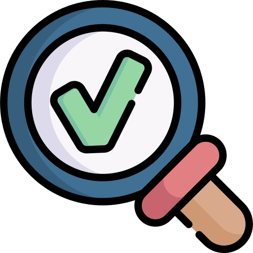 Approved quality assurance tick magnifying glass icon Approved quality assurance tick magnifying glass icon