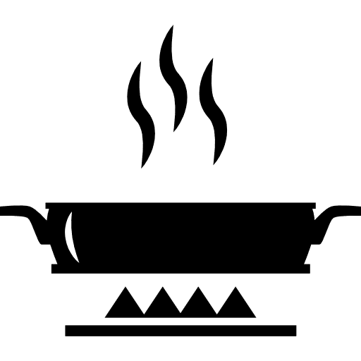 Heating food in flat pan on fire pan hot warm icon