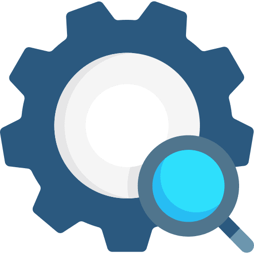 Gear magnifying glass due diligence search engine optimization icon