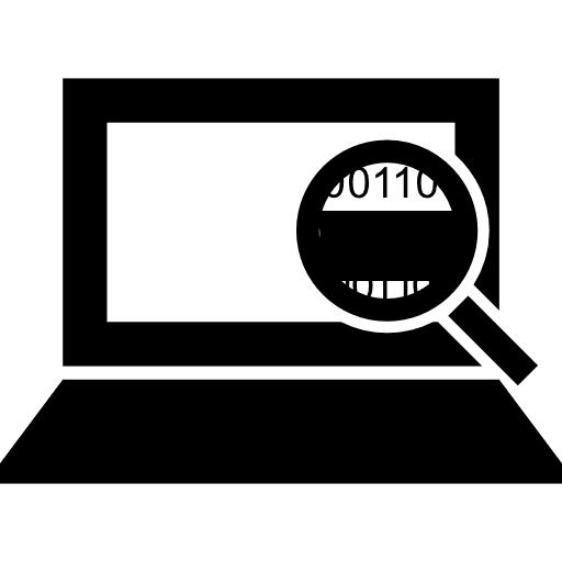 Computer code interface symbol of a magnifier on binary code of a laptop computer binary code laptop icon