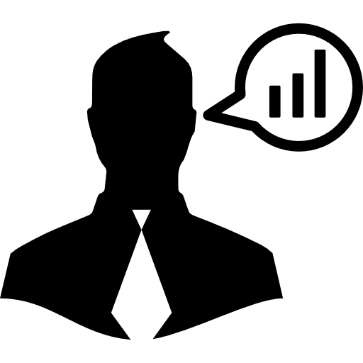 Businessman talking about data analysis data user speech bubble icon